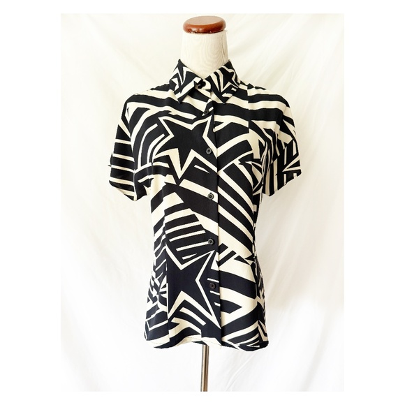Rodier Navy Blue and White Star Abstract Button Down Top Blouse sz 8 - Picture 1 of 7